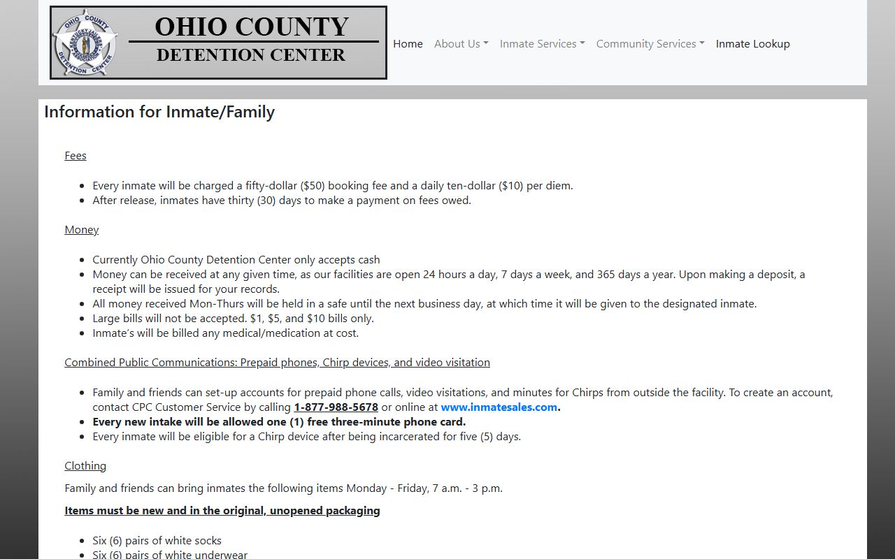 Ohio County inmate population jail family information and fees page